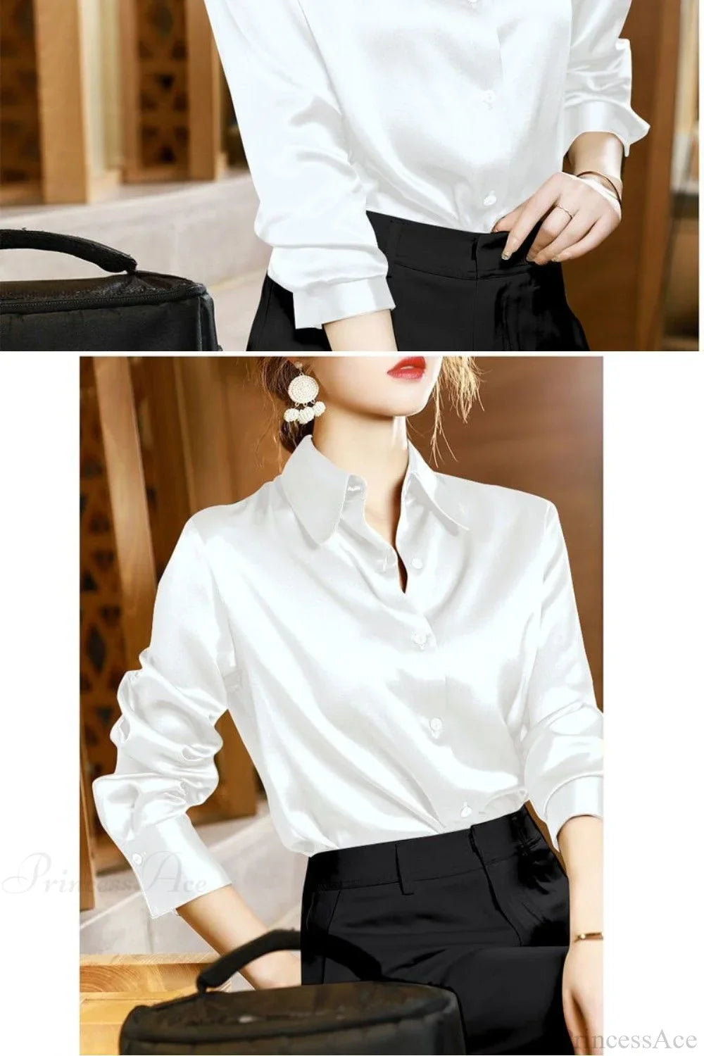 Button Satin - Blouse Silk Luxury Office Crepe Up Elegant Top