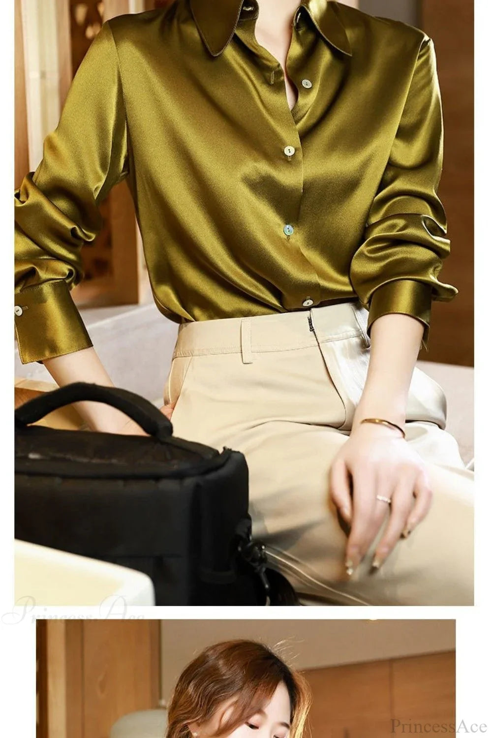 Button Satin - Blouse Silk Luxury Office Crepe Up Elegant Top