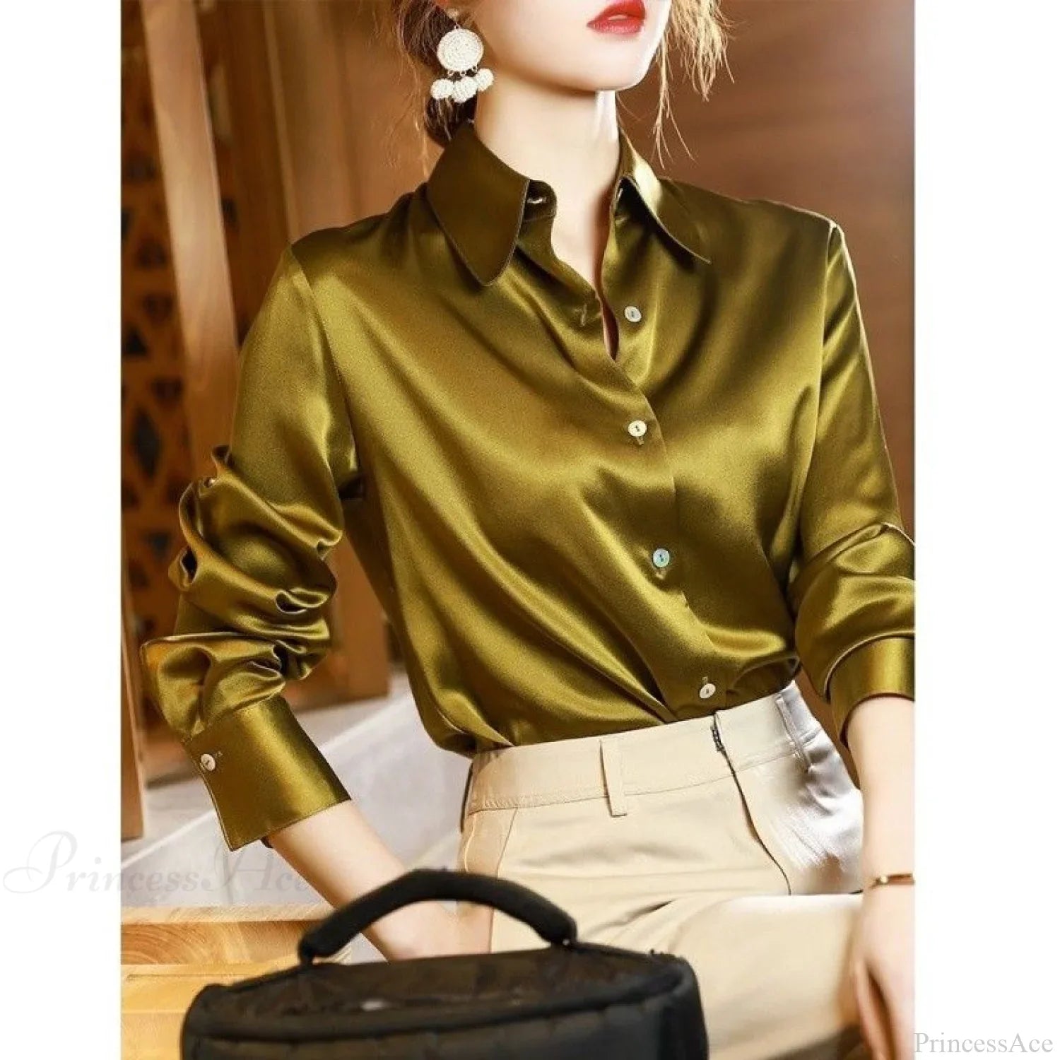 Button Satin - Blouse Silk Luxury Office Crepe Up Elegant Top