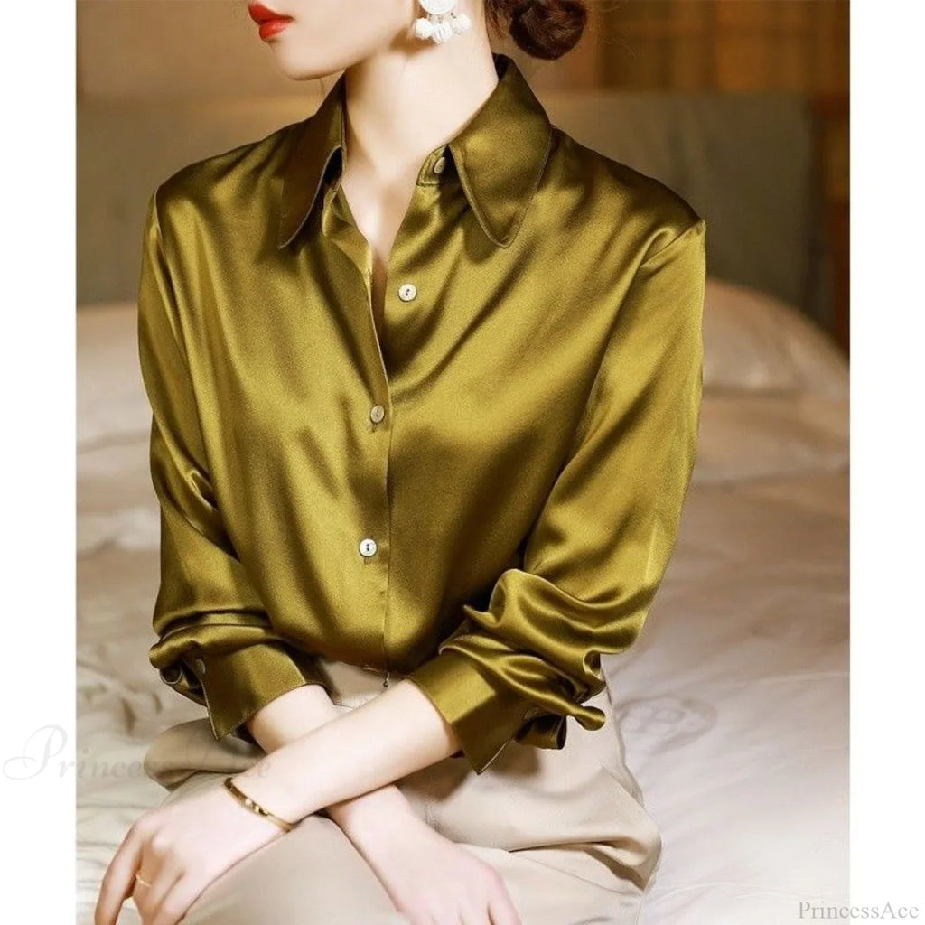 Button Satin - Blouse Silk Luxury Office Crepe Up Elegant Top