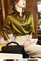 Button Satin - Blouse Silk Luxury Office Crepe Up Elegant Top