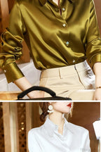 Button Satin - Blouse Silk Luxury Office Crepe Up Elegant Top
