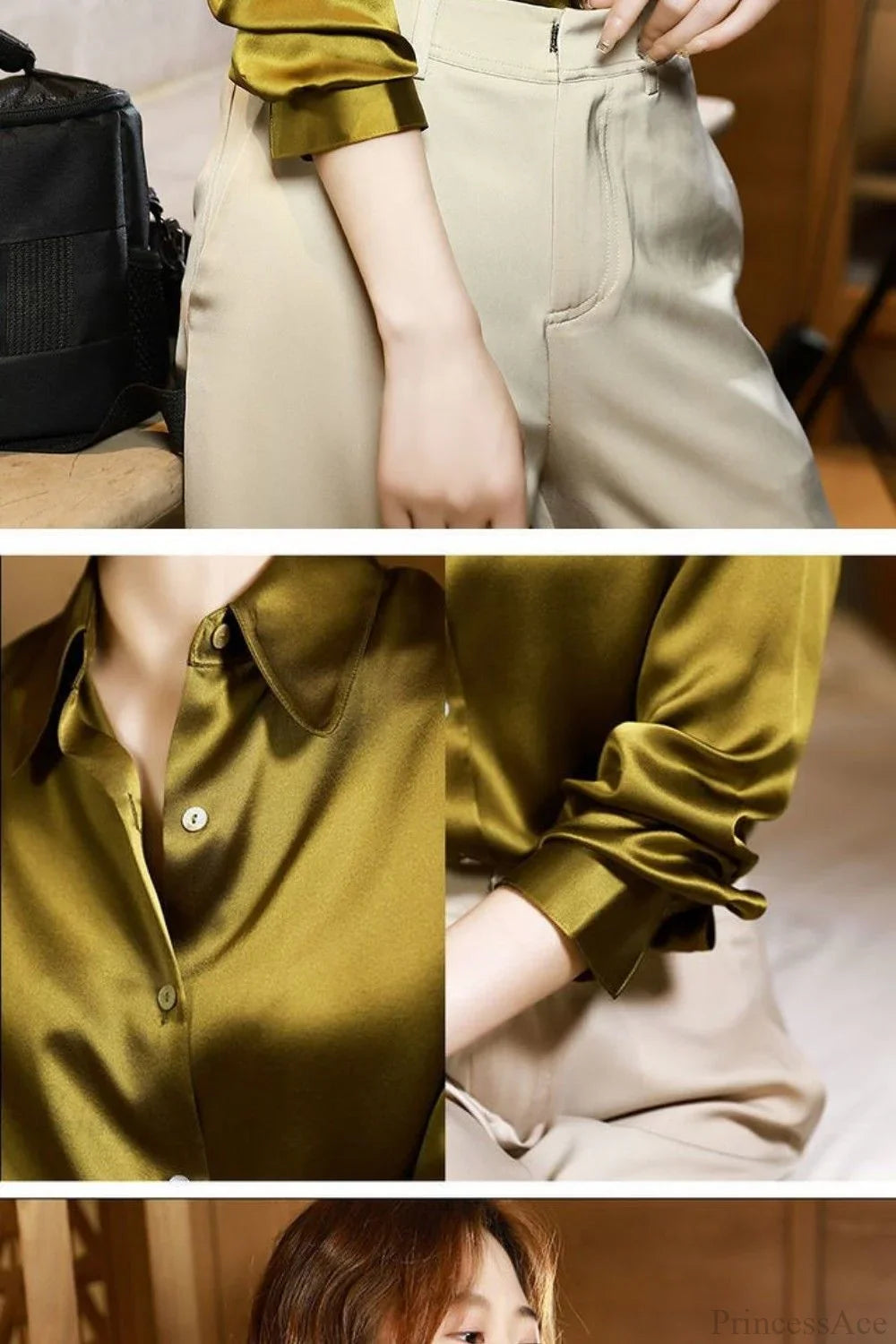 Button Satin - Blouse Silk Luxury Office Crepe Up Elegant Top