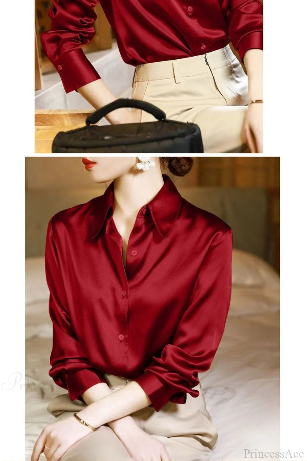 Button Satin - Blouse Silk Luxury Office Crepe Up Elegant Top