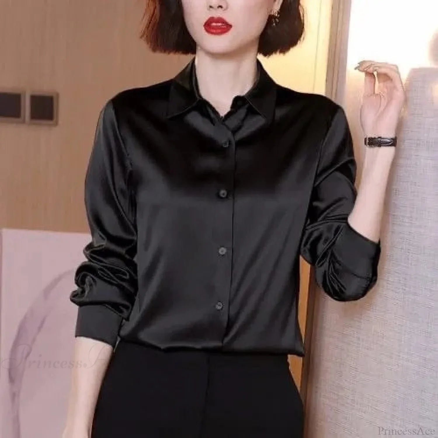 Button Satin - Blouse Silk Luxury Office Crepe Up Elegant Top