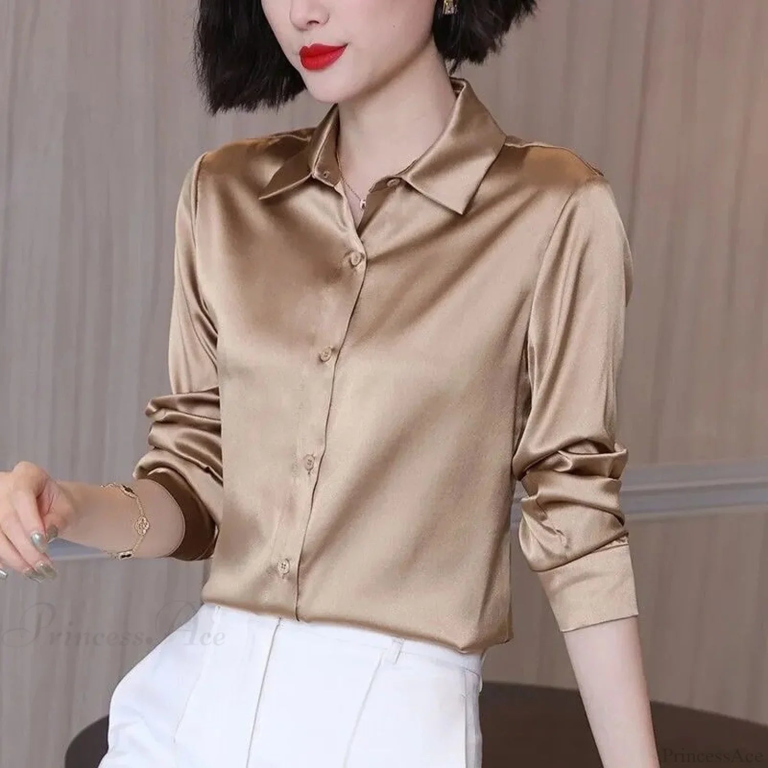 Button Satin - Blouse Silk Luxury Office Crepe Up Elegant Top