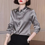Button Satin - Blouse Silk Luxury Office Crepe Up Elegant Top