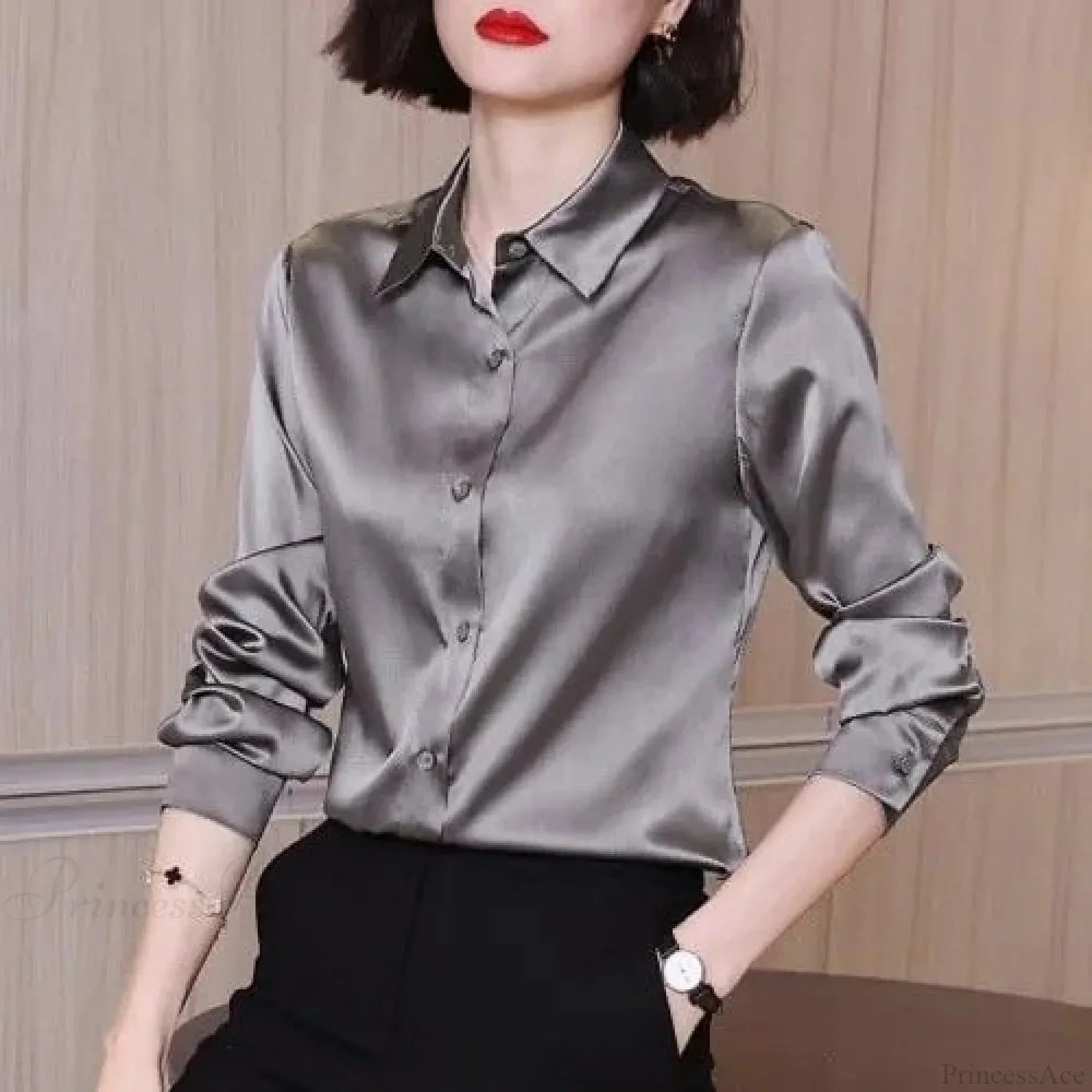Button Satin - Blouse Silk Luxury Office Crepe Up Elegant Top