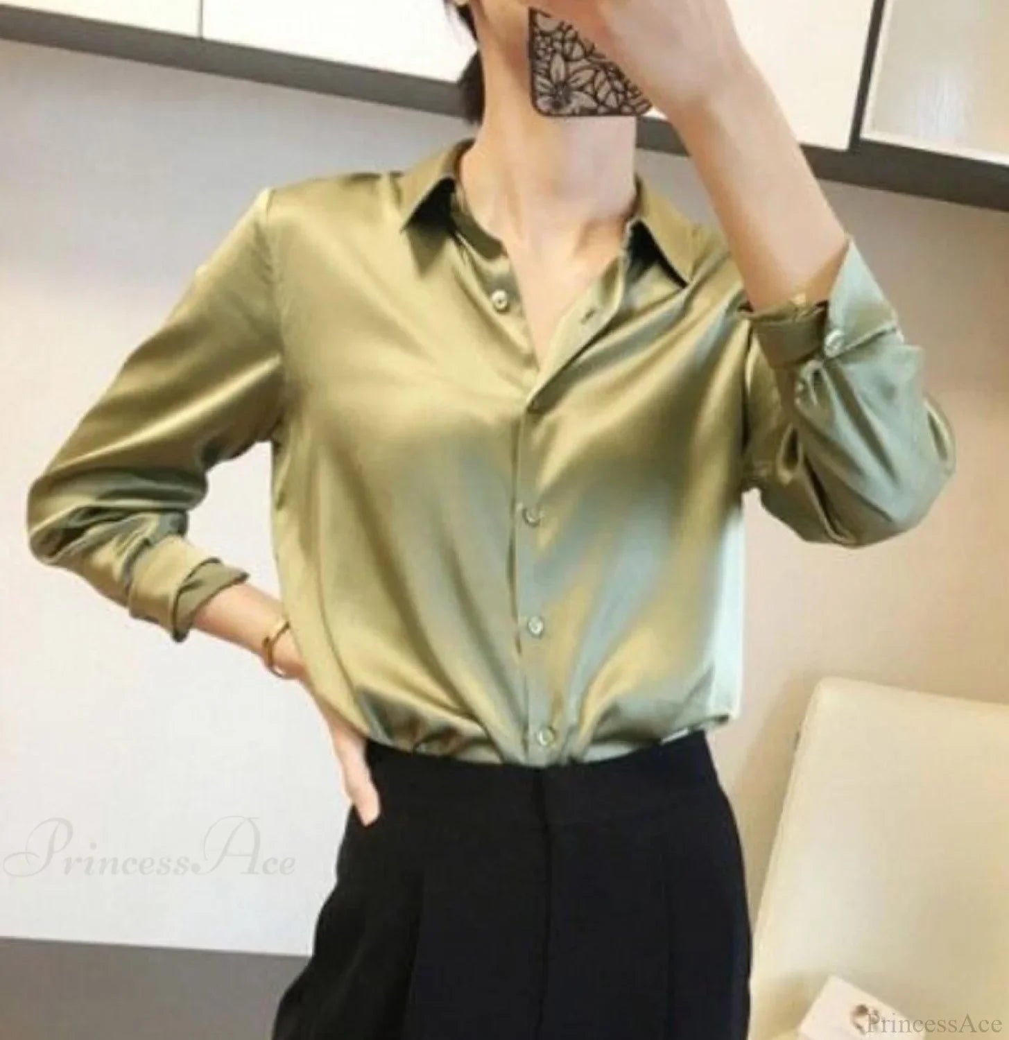 Button Satin - Blouse Silk Luxury Office Crepe Up Elegant Top