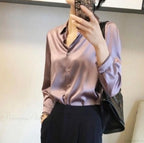 Button Satin - Blouse Silk Luxury Office Crepe Up Elegant Top