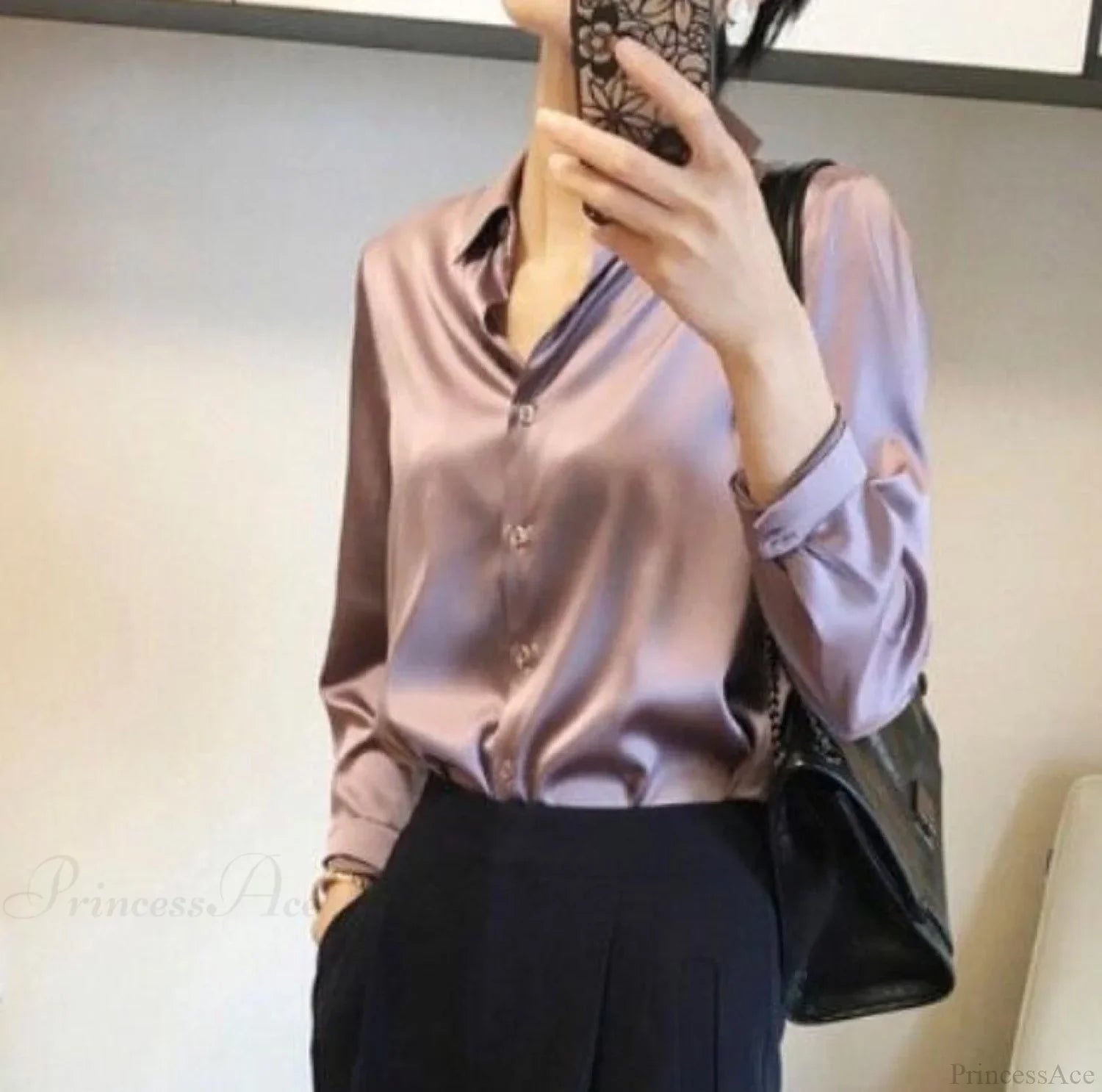 Button Satin - Blouse Silk Luxury Office Crepe Up Elegant Top