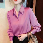 Button Satin - Blouse Silk Luxury Office Crepe Up Elegant Top