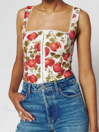Button-Up Square Neck Lace Floral Crop Top
