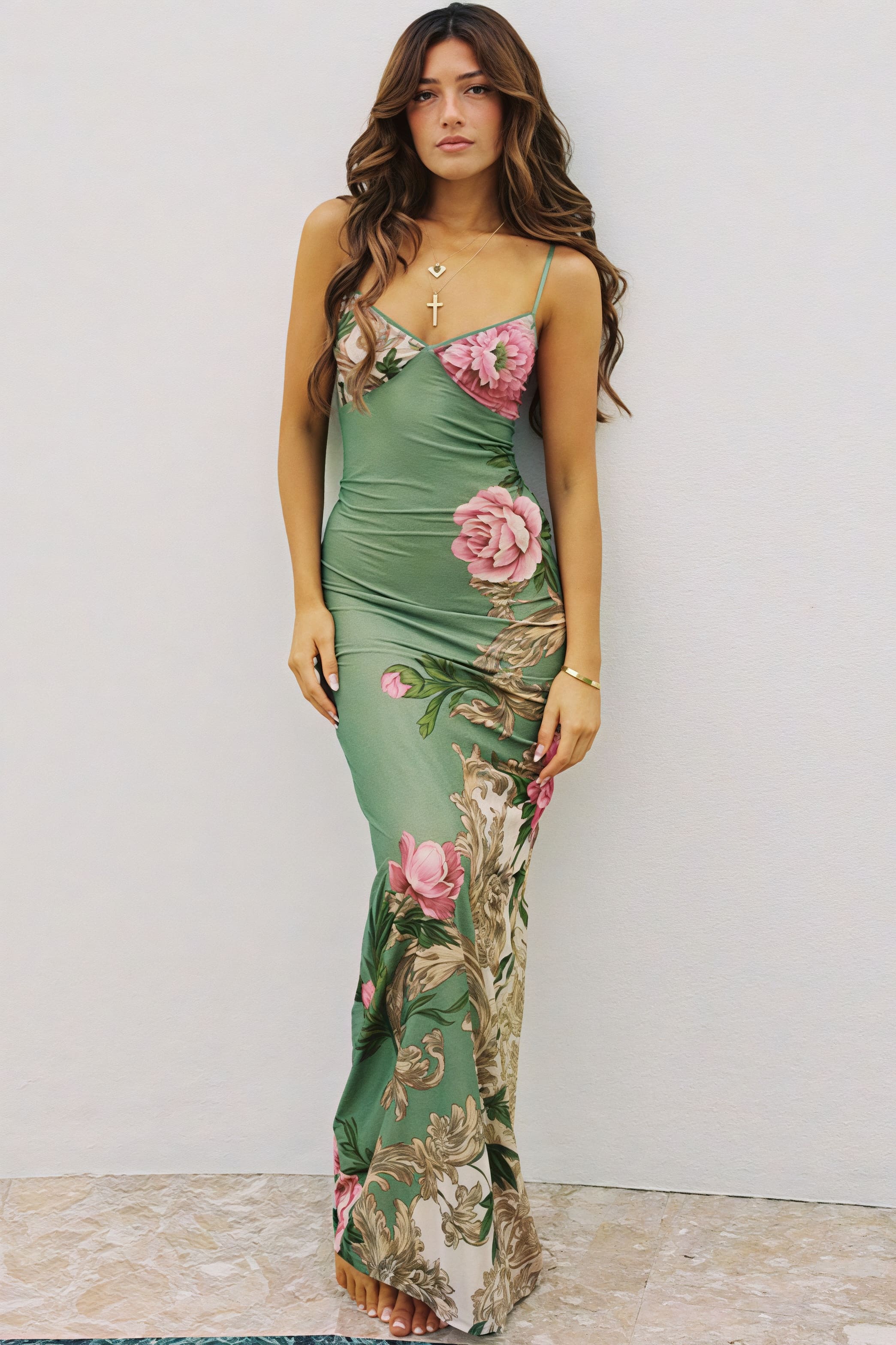 Print V-Neck Spaghetti Strap Backless Maxi Dress
