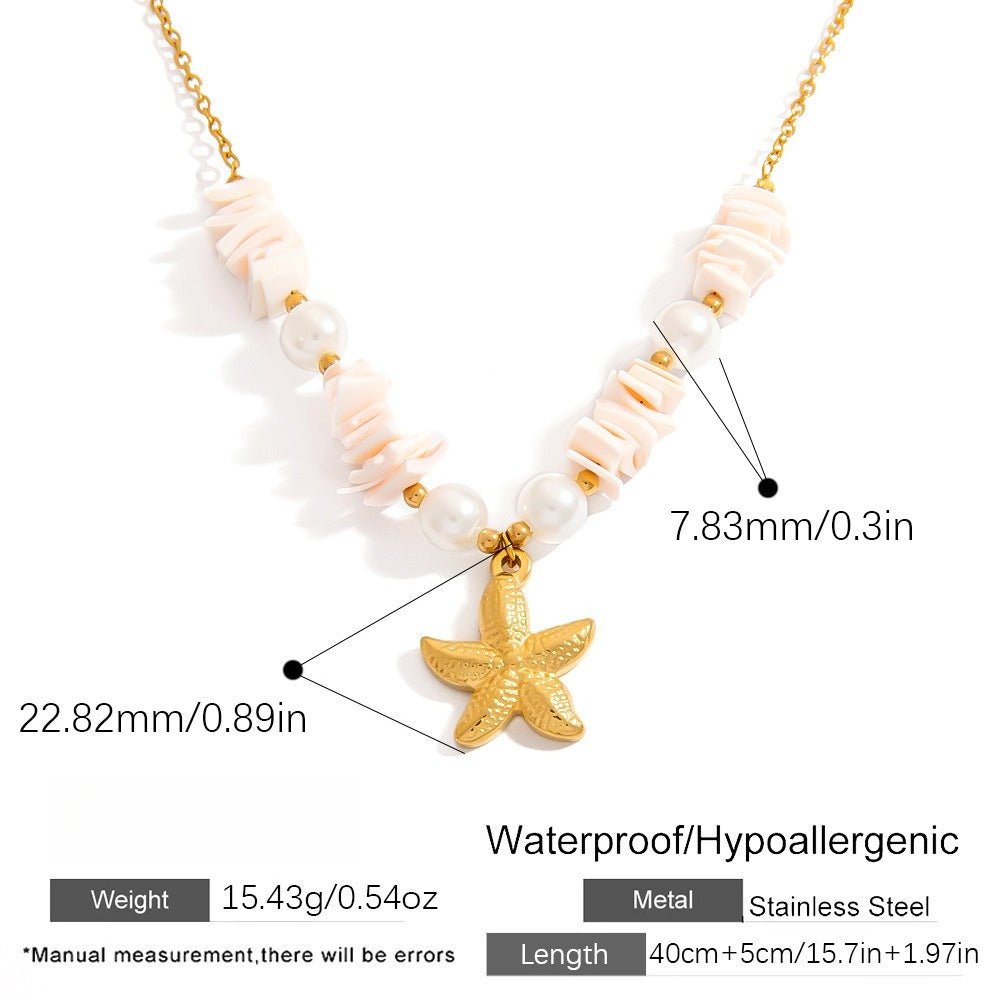 Stainless Steel Natural Stone Pearl Starfish Sun Necklace