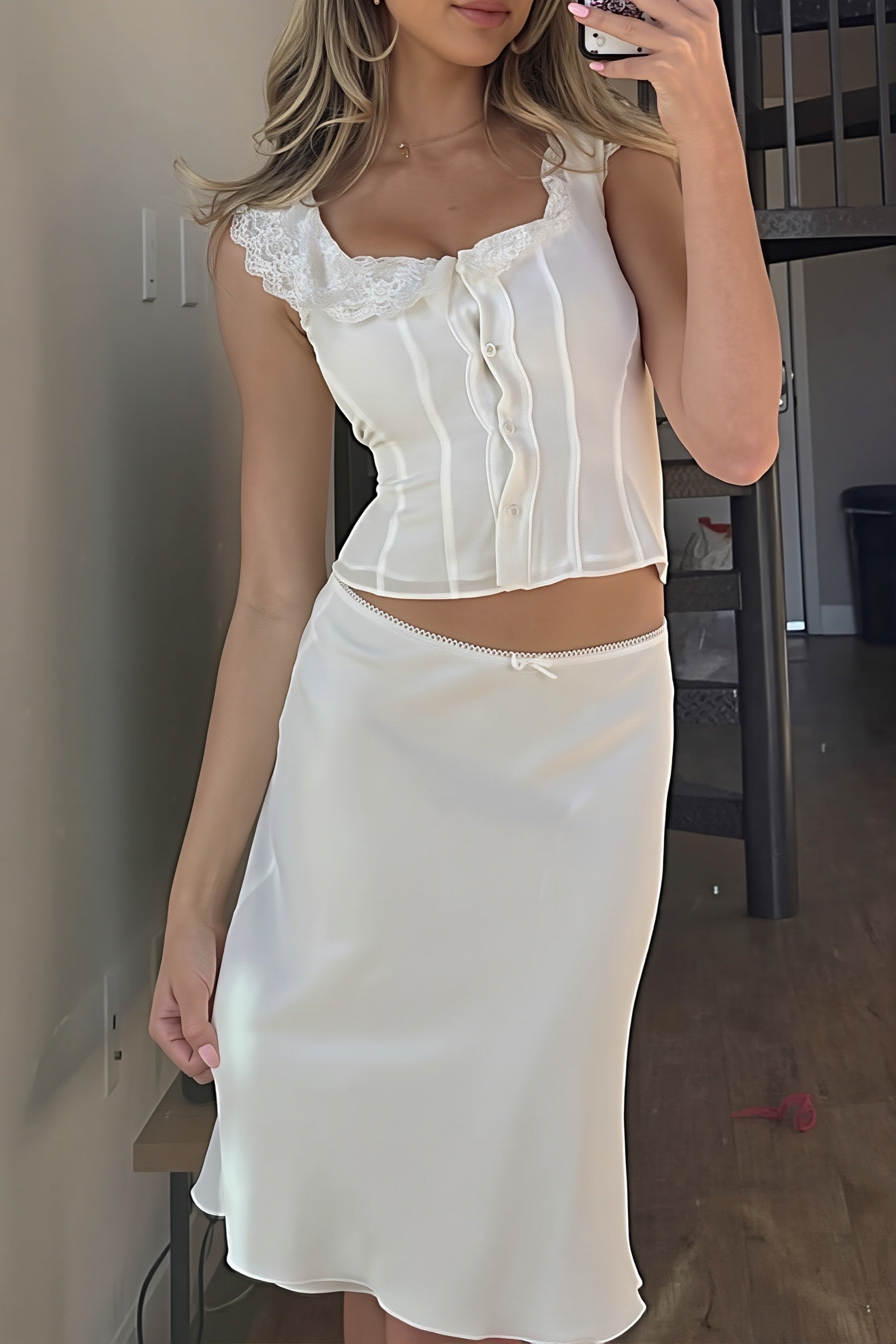 Lace Edge Wide Strap Crop Top Low Rise Fish Tail Skirt Sets