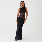 Lace Satin Backless Maxi Dress