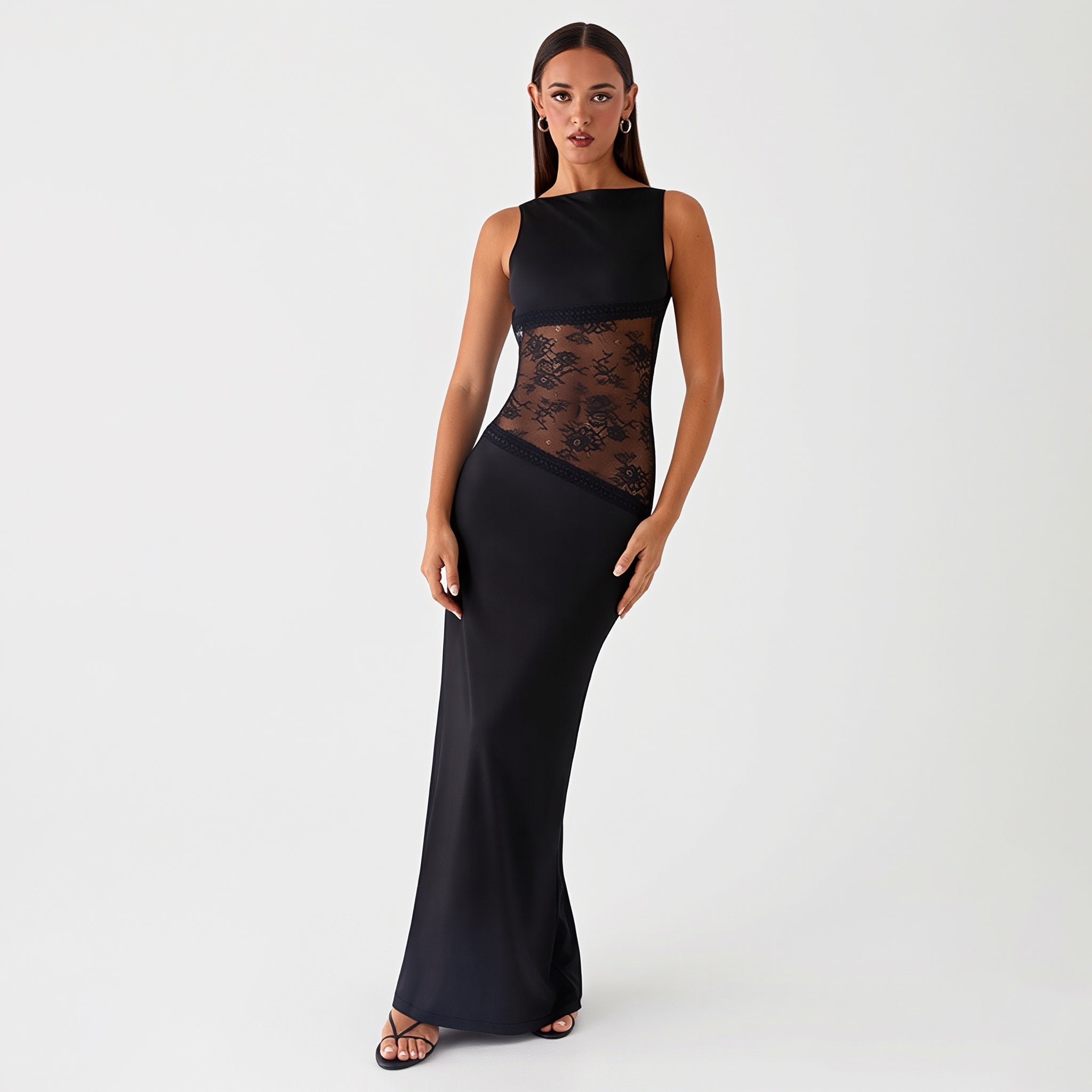 Lace Satin Backless Maxi Dress