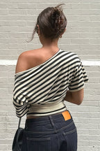 Vintage Asymmetrical Shoulder Striped Tie Waist T-Shirt