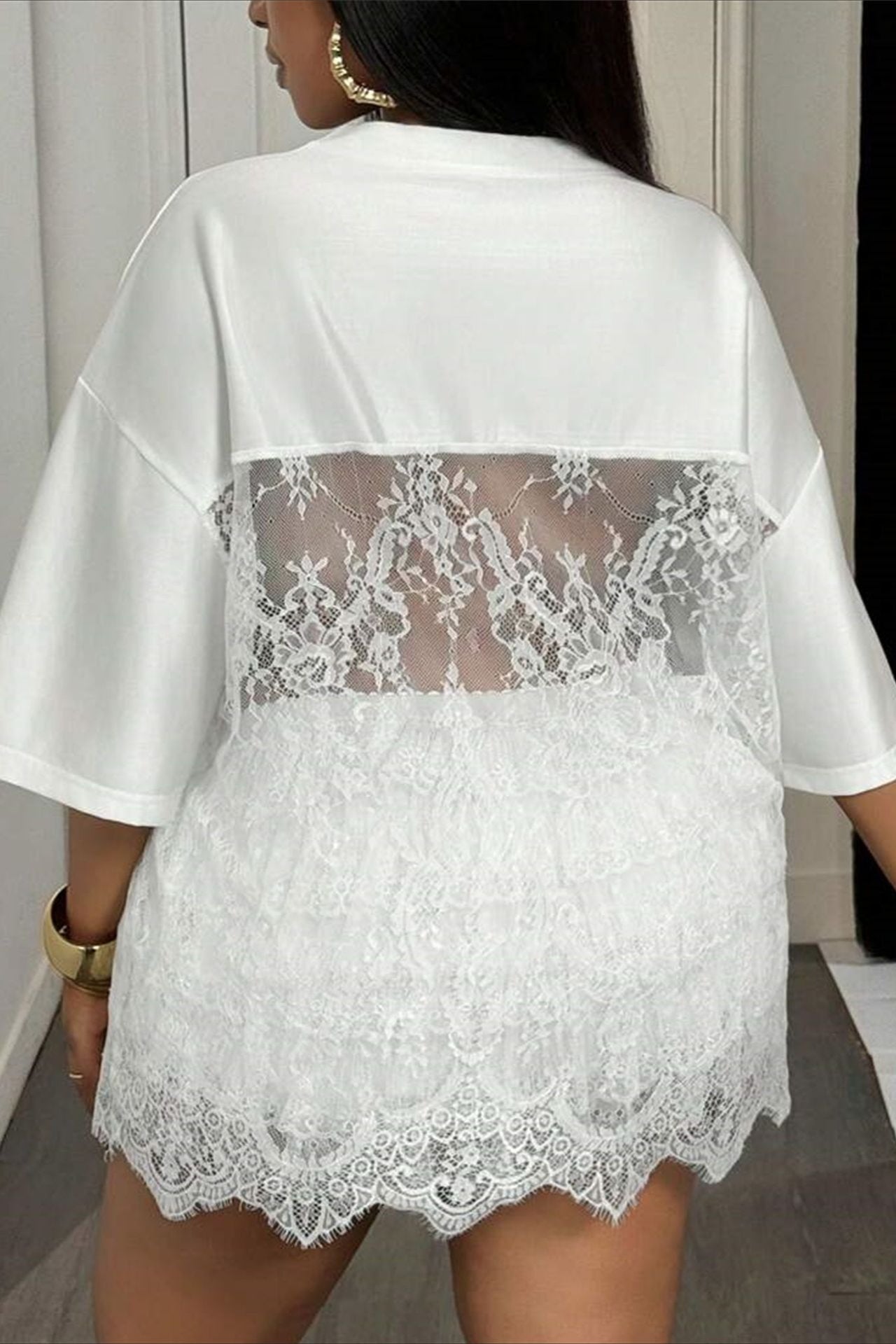 Number Print Loose Street Sheer Lace T-Shirt
