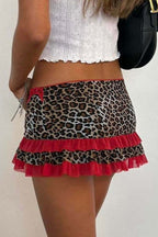 Ruched Lace Color Block Leopard Skirt