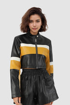 Color-Block Pu Leather Biker Jacket