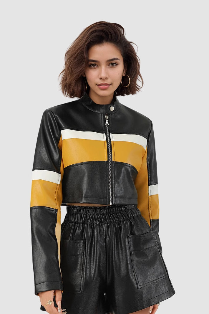 Color-Block Pu Leather Biker Jacket