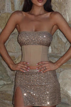 Shiny Sequin Tube Split Skirt Set