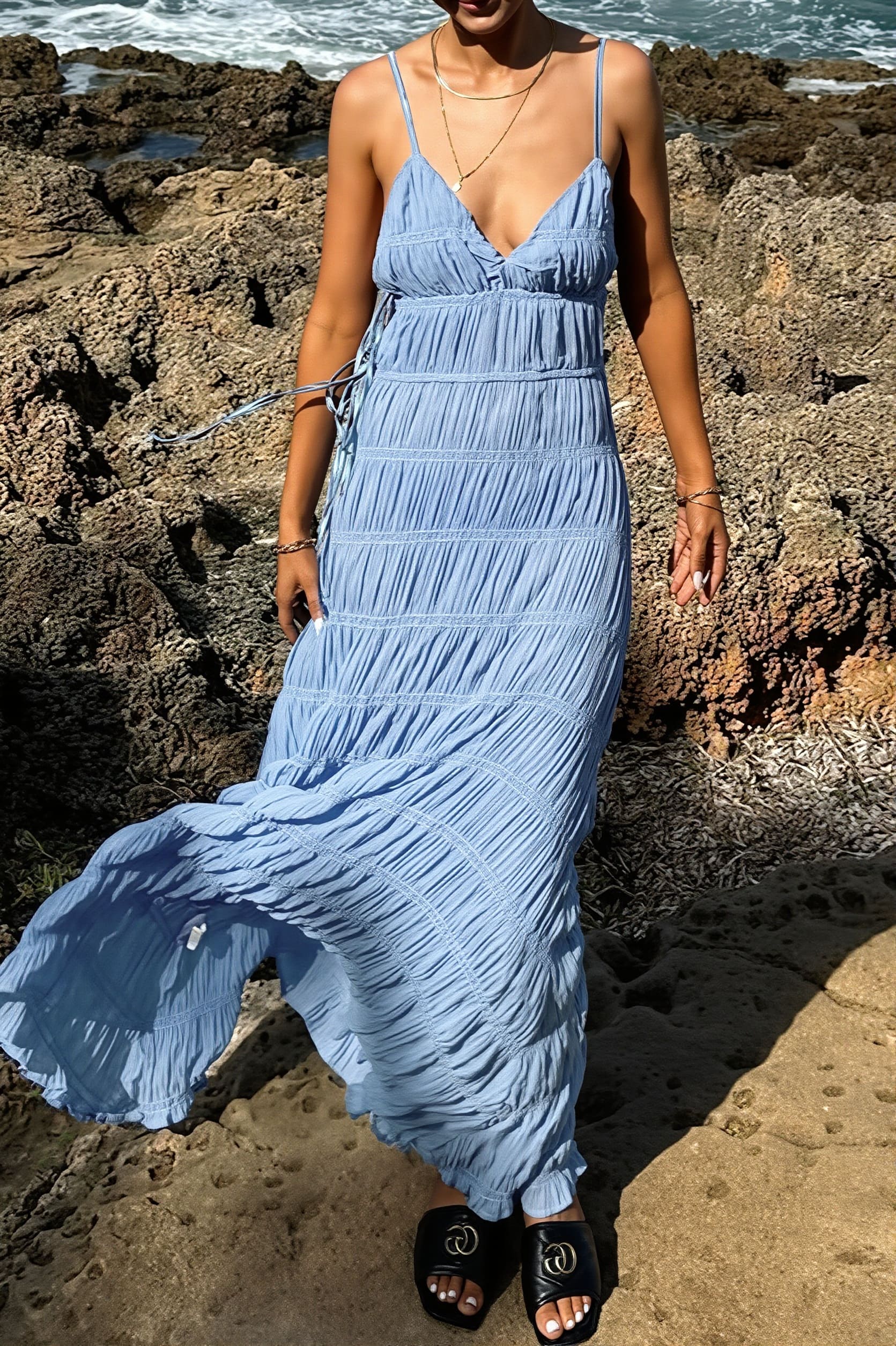 Deep V Ribbed Knit Cami Elegant Maxi Dress