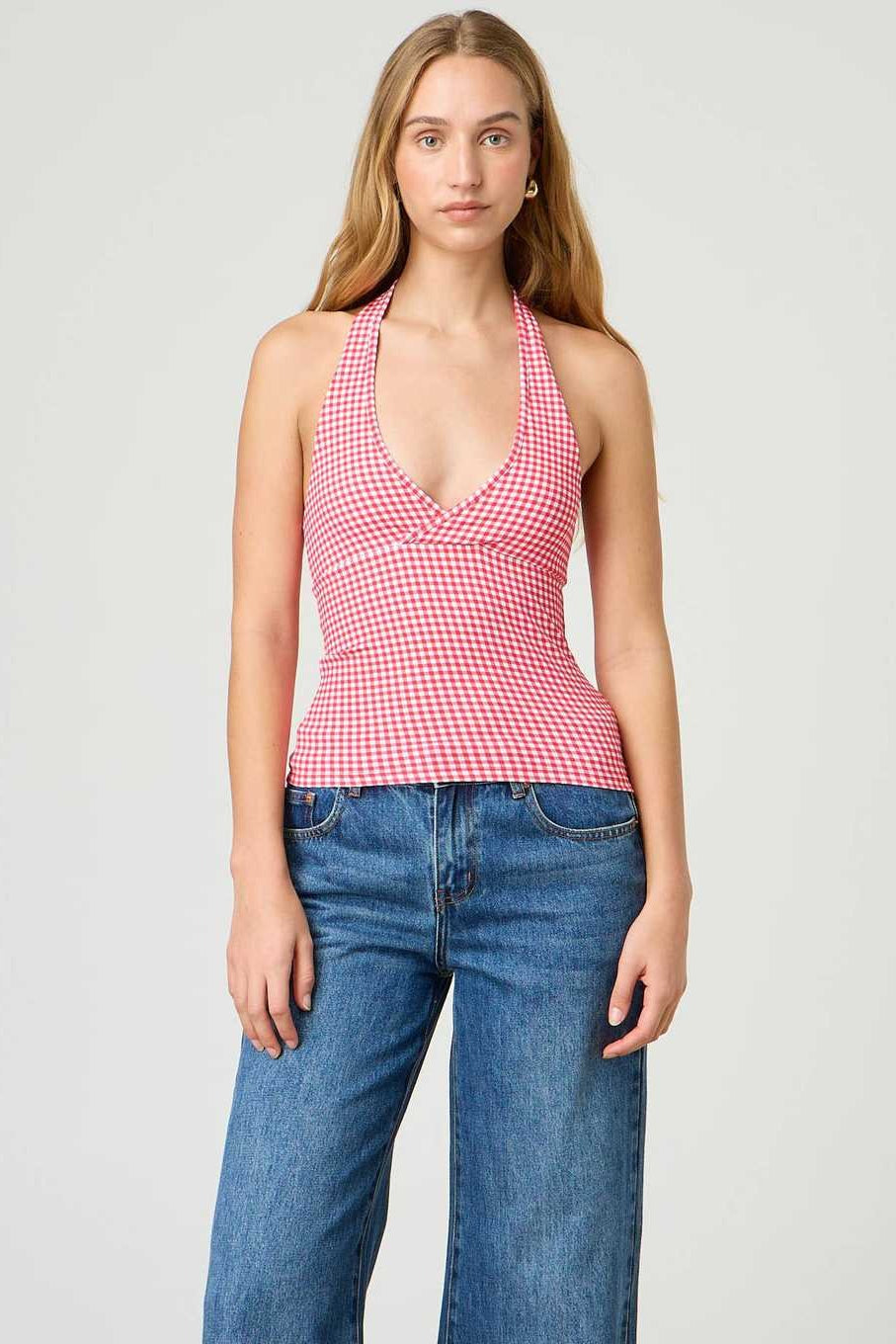 Polka Dot Plaid Slim Halter Top