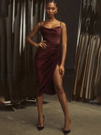 Slim Fit Halter Neck Satin Split Party Dress