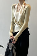 Patchwork Layered Halter Long Sleeve Tee