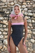 Dot Print Lace Trim Cut Out One Piece Swimwear