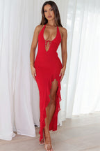 Ruffle Deep V Lace Up Backless Maxi Dress