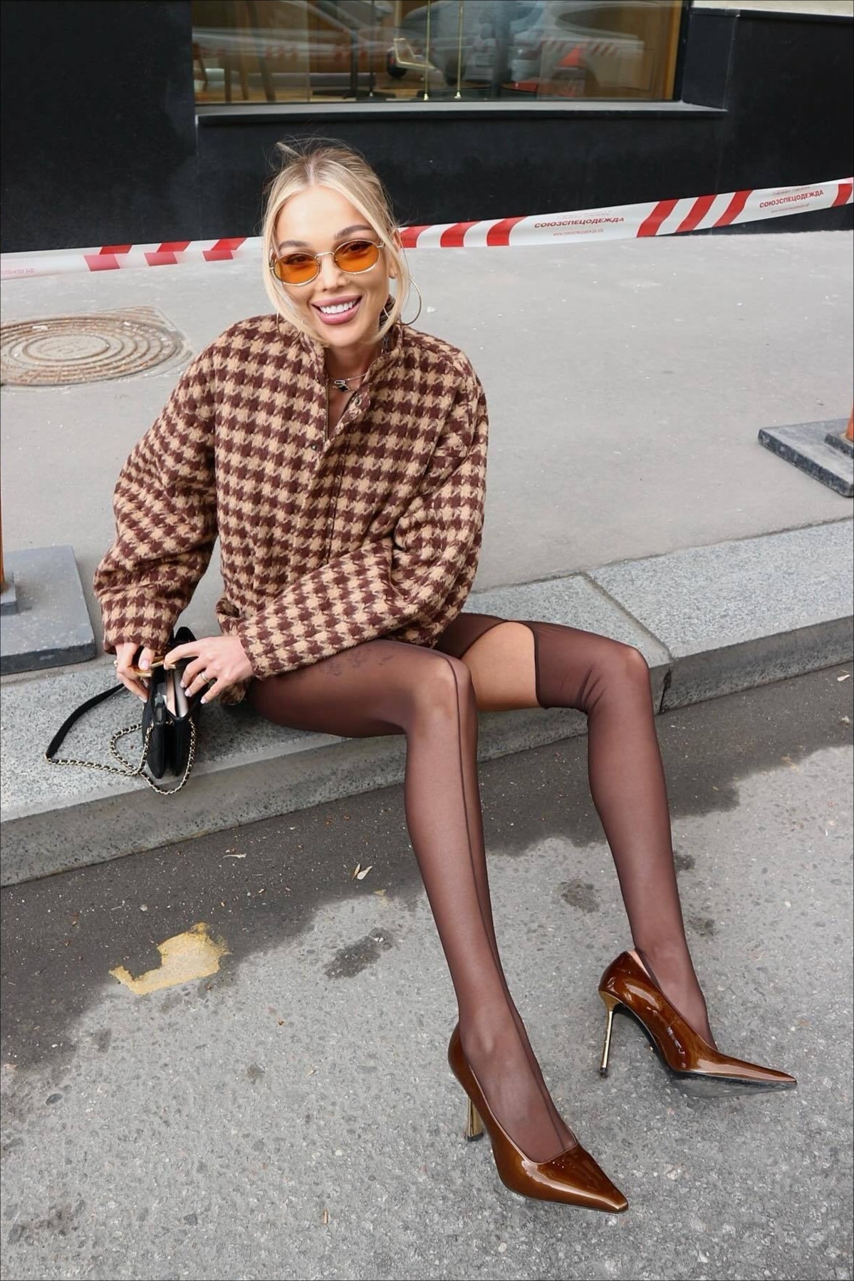 Vintage Houndstooth Zip Jacket And Shorts Two Piece Set
