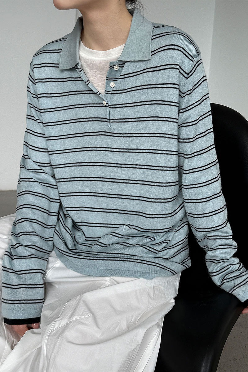 Soft Wool Striped Polo Collar Long Sleeve Tee