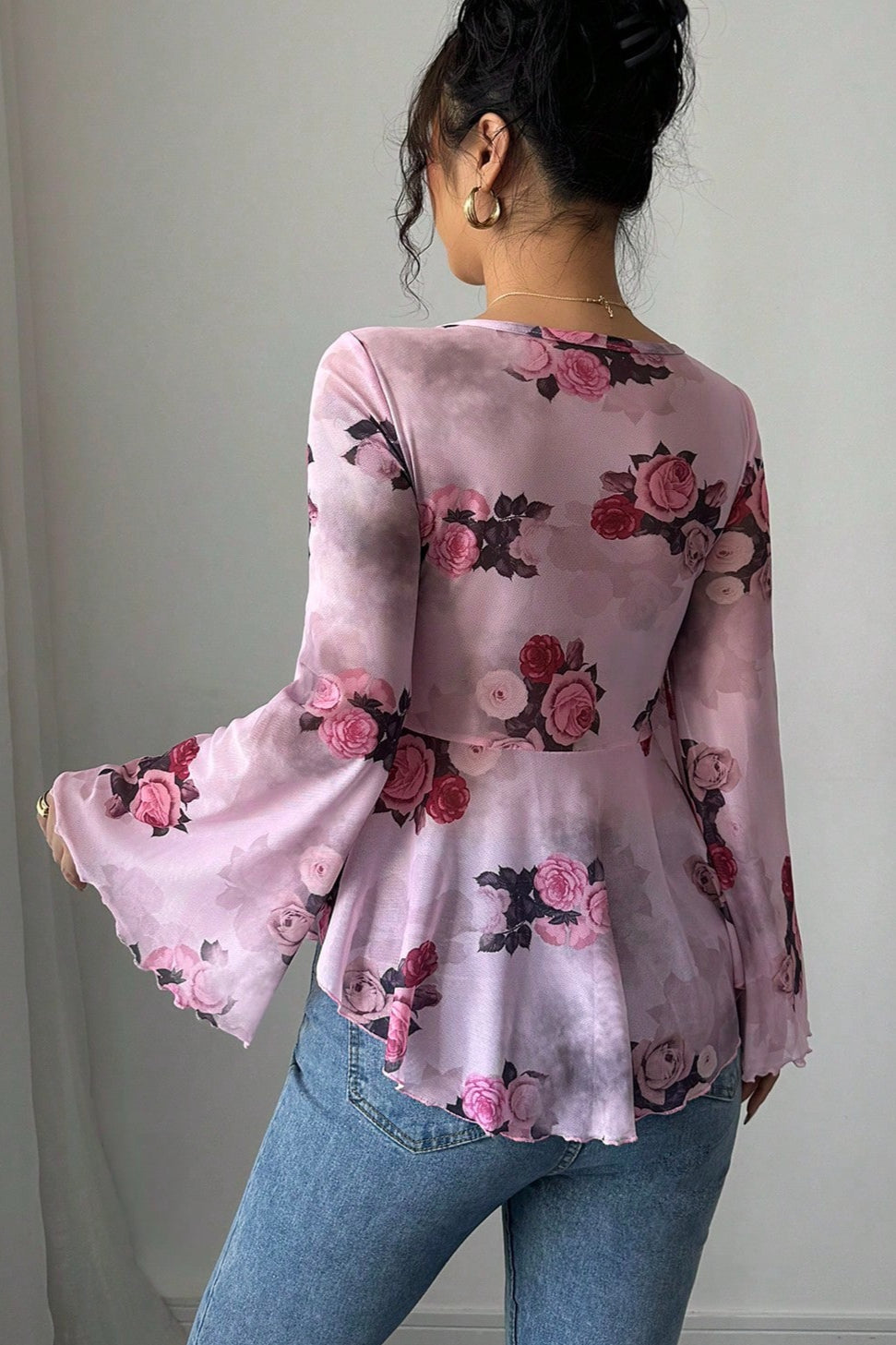 Floral Tie Dye Square Neck Long Sleeve Blouse