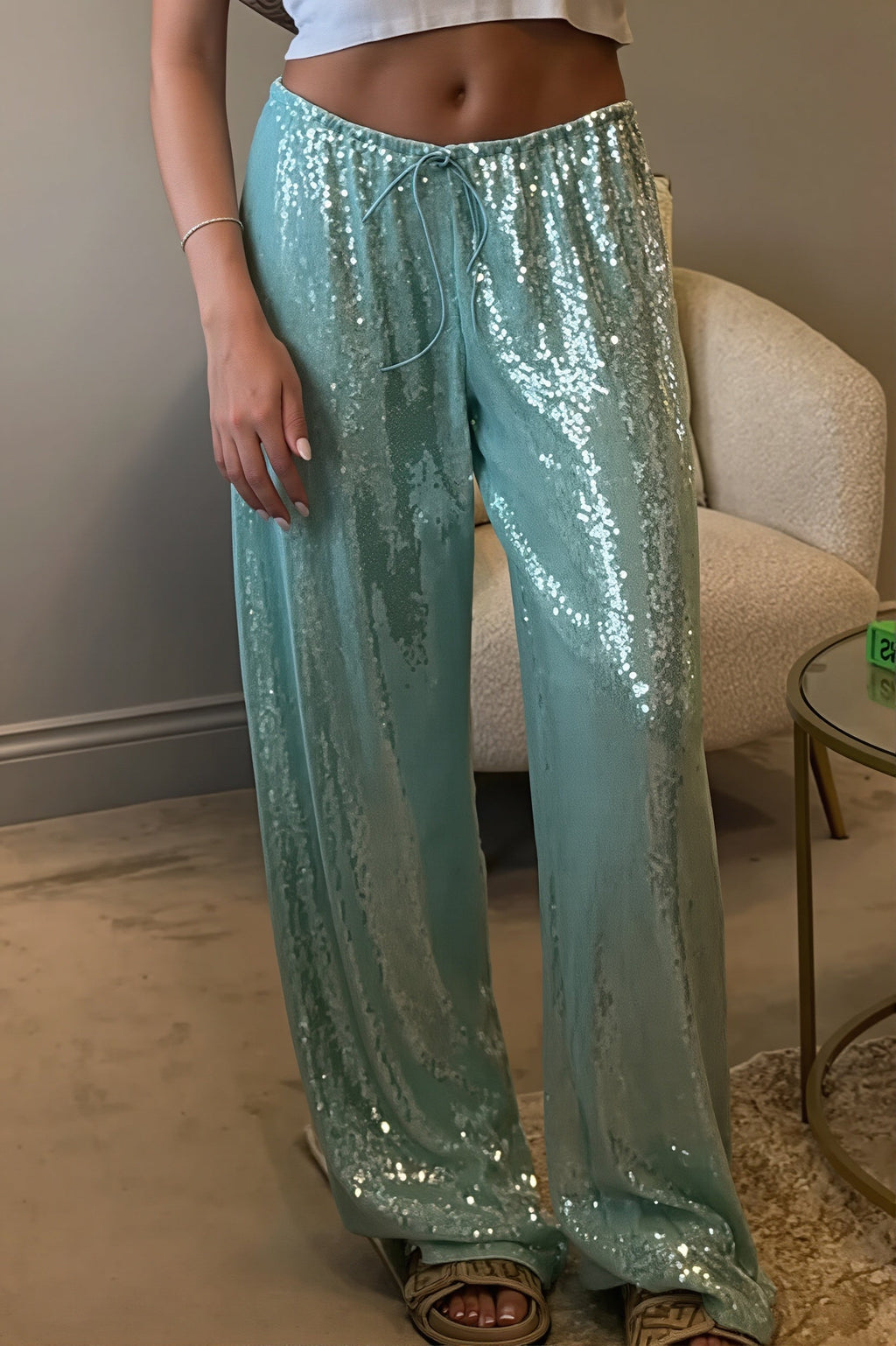 Sequined Wide Leg Casual Pants