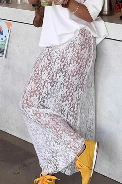 Elegant White Lace High Waist A-Line Midi Skirt