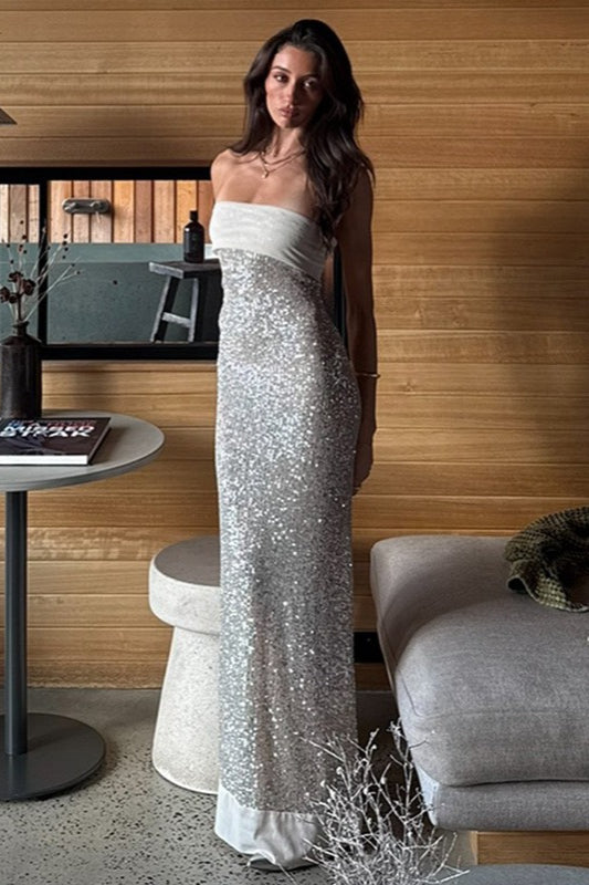 Strapless Solid Color Slim Fit Long Sequin Prom Dress