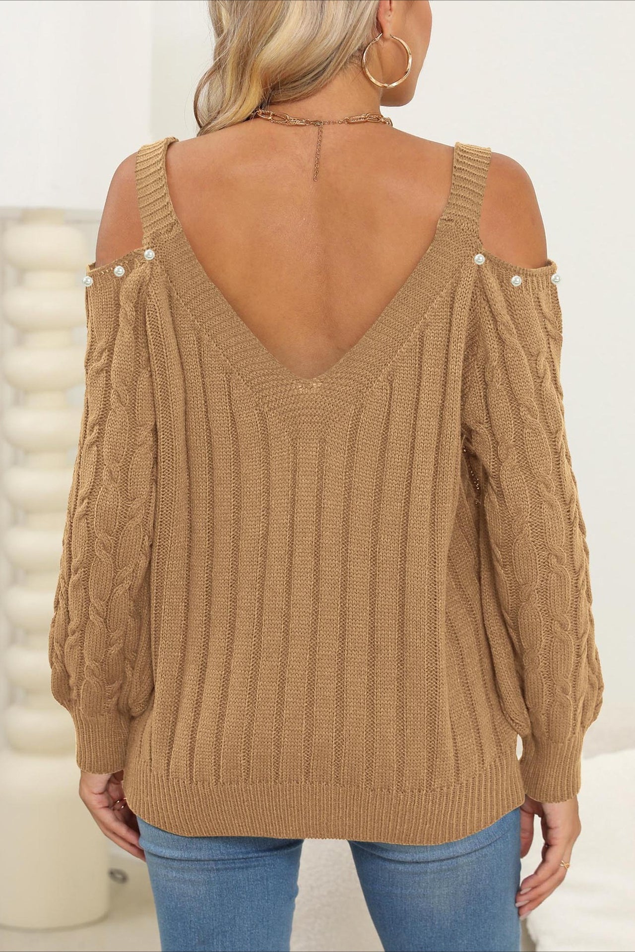 Deep V Off-Shoulder Loose Pullover Sweater