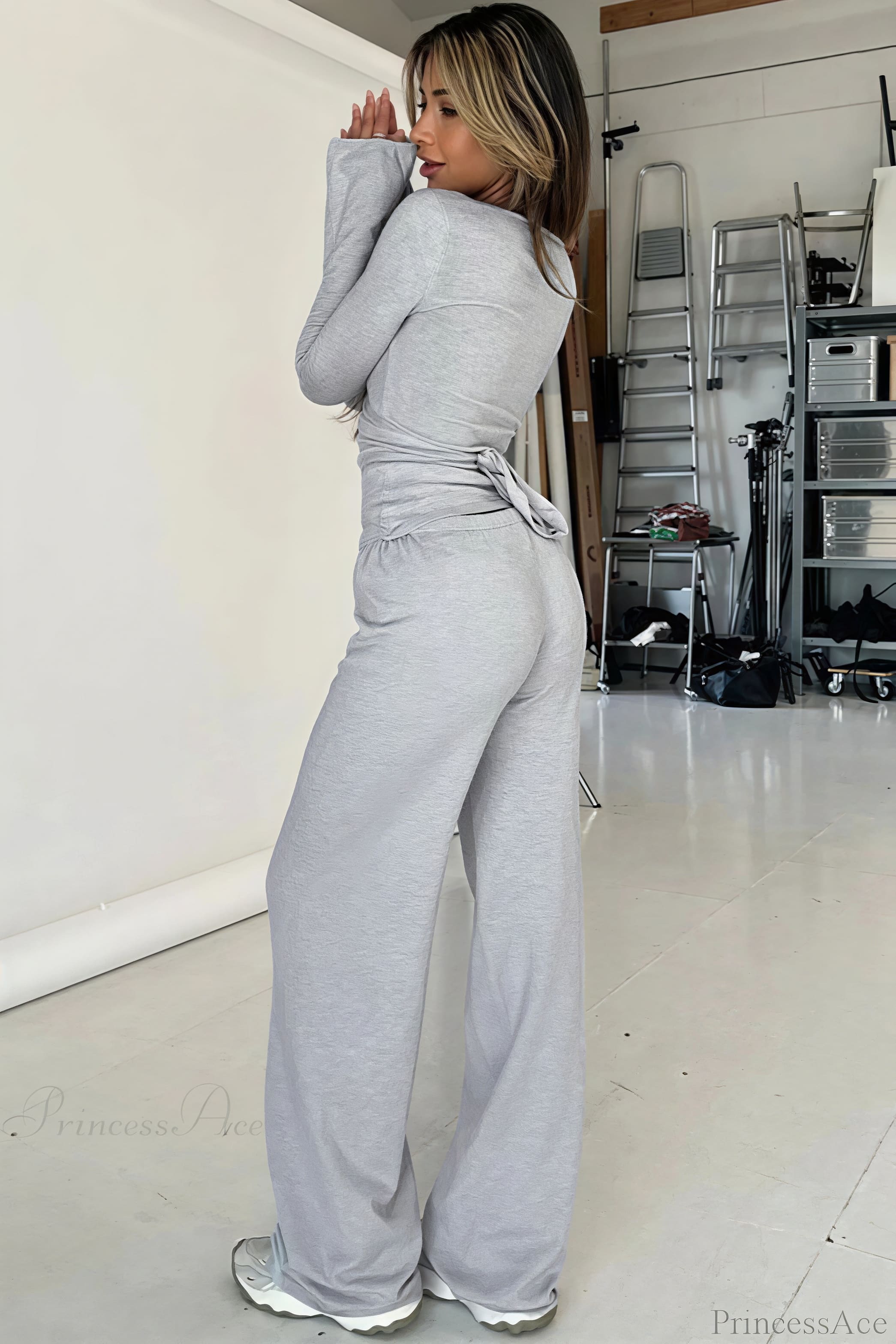 Y2K V-Neck Fitted Top Casual Pants Two Piece Set