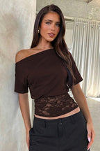 Asymmetric Off Shoulder Lace Waist Slim Crop T-Shirt