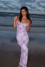 Elegant V-Neck Floral Purple Cami Bodycon Maxi Dress