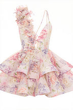 Floral Print V Neck Sleeveless Backless Tulip Mini Dress