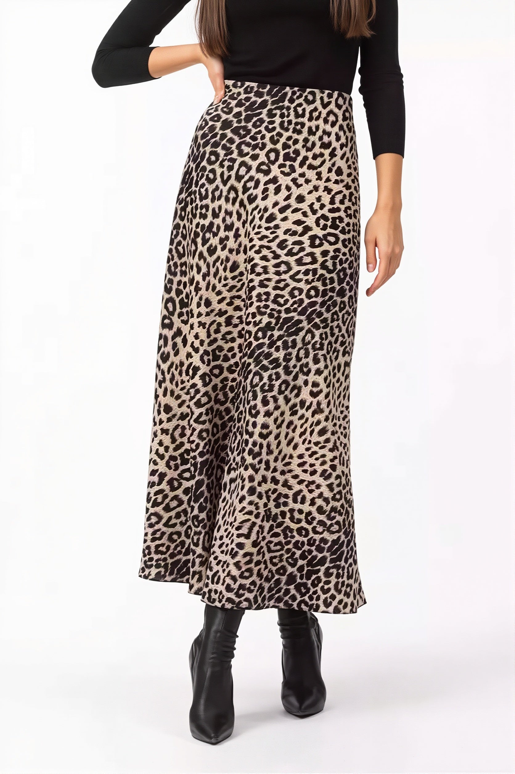 Satin Leopard Printed Elastic Waist Maxi Skirt