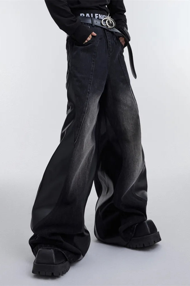 Wide Leg Pu Leather Patchwork Jeans