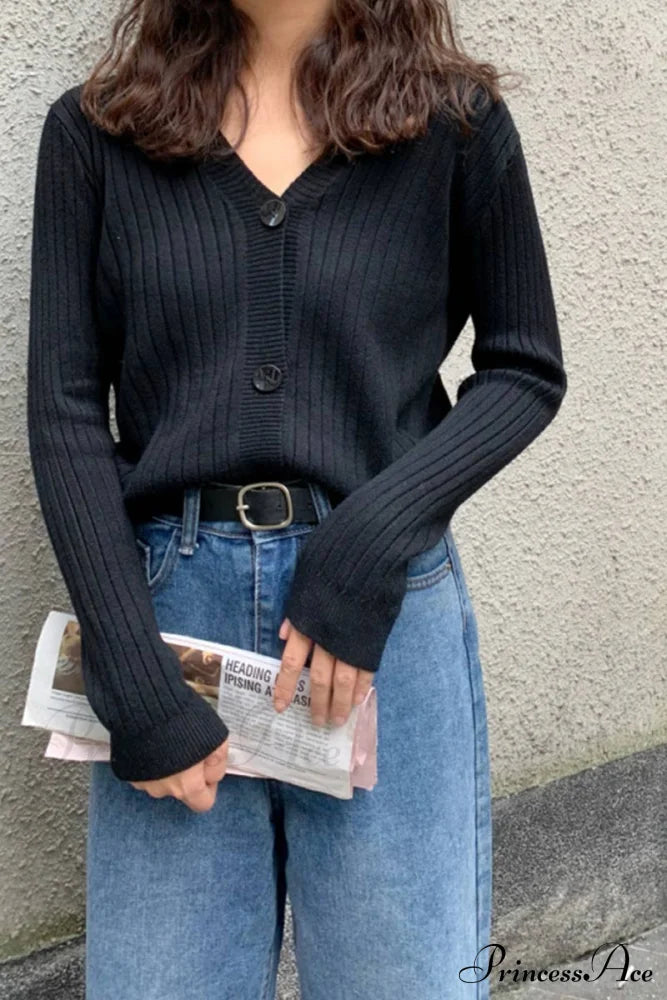 Cardigan Button With Ribbed V-Neckline