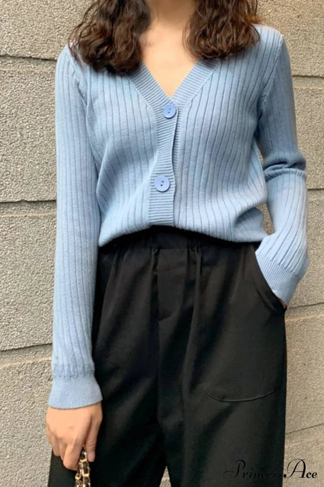 Cardigan Button With Ribbed V-Neckline