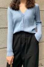 Cardigan Button With Ribbed V-Neckline